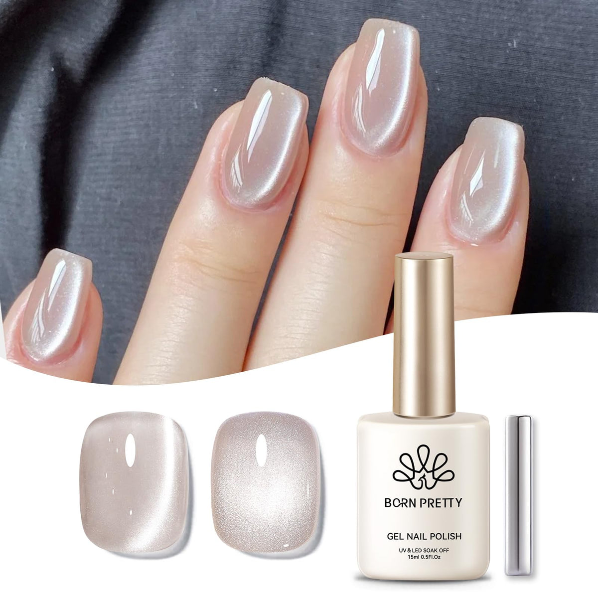 Born Pretty Nude Moonlight Cat Magnetic Gel bottle closeup with subtle cat-eye shimmer.
