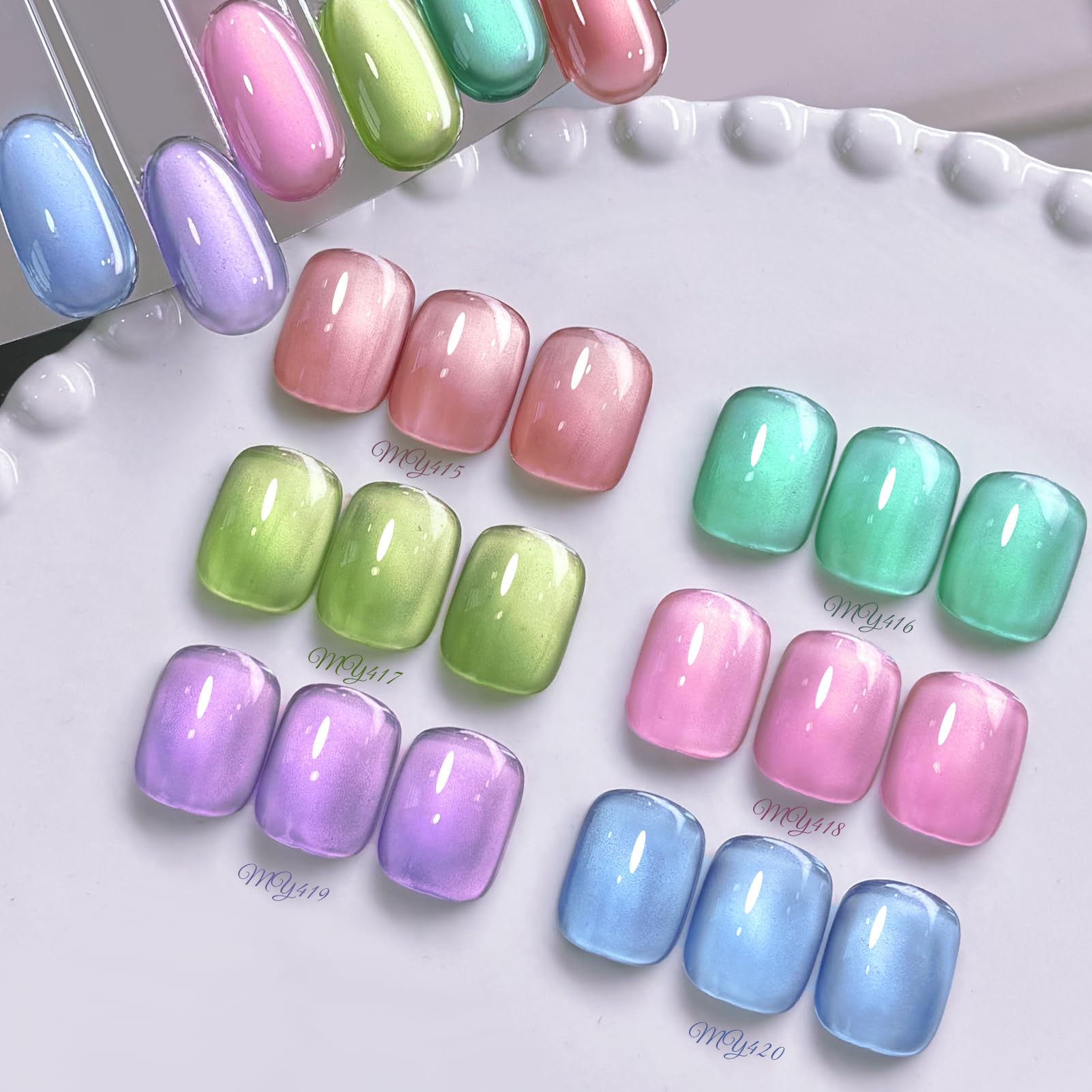 Born Pretty Cat Magnetic Eye gel set with six pastel colors for at-home nail art.