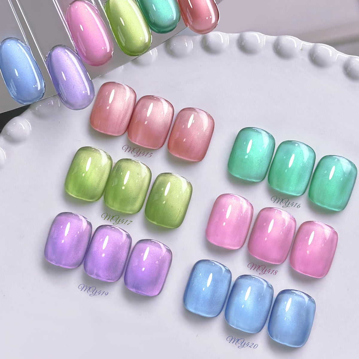 Born Pretty Cat Magnetic Eye gel set with six pastel colors for at-home nail art.