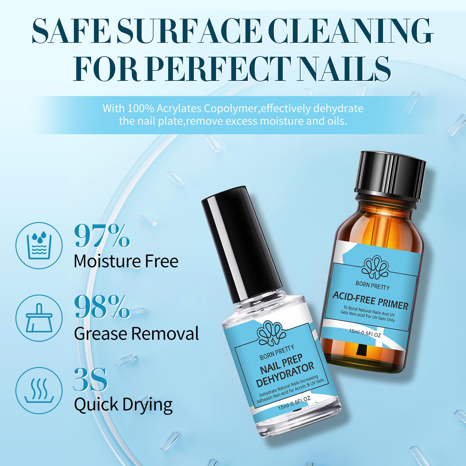 Gel nail base adherence enhanced by Born Pretty primer on the nail plate.