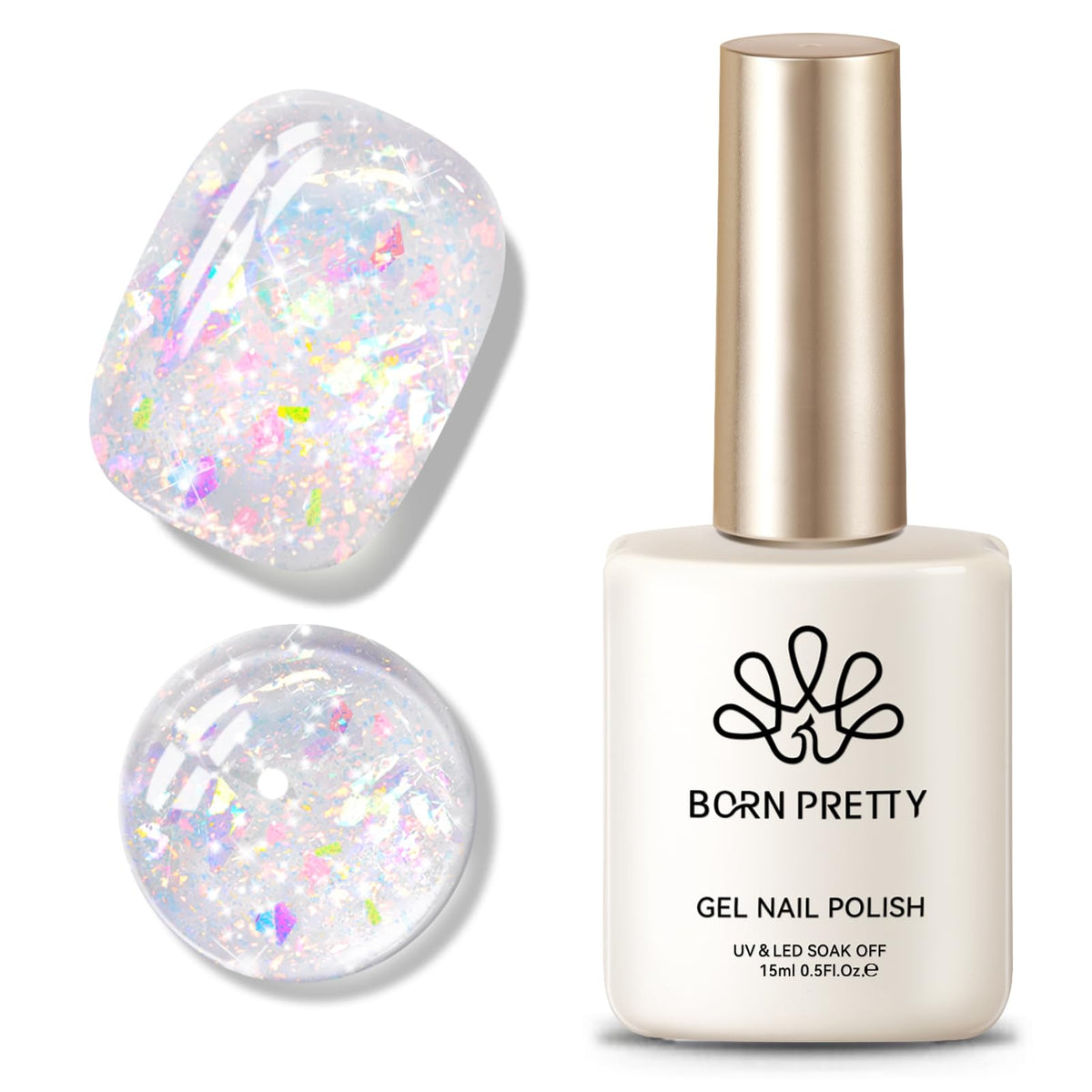 Born Pretty glitter gel nail polish bottle close-up showing multicolor sequins for dazzling manicure
