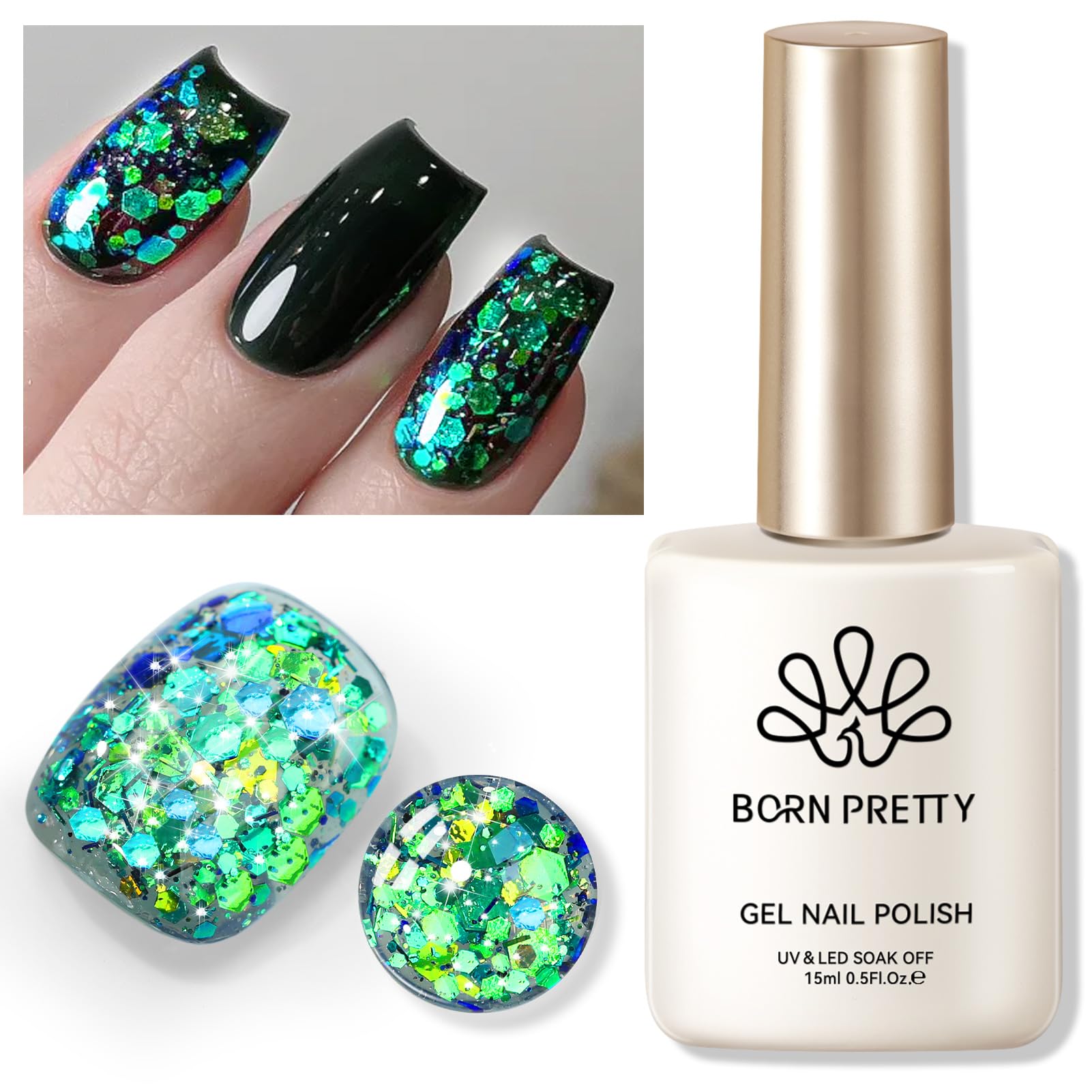 Born Pretty glitter gel nail polish finished manicure with even shimmer.