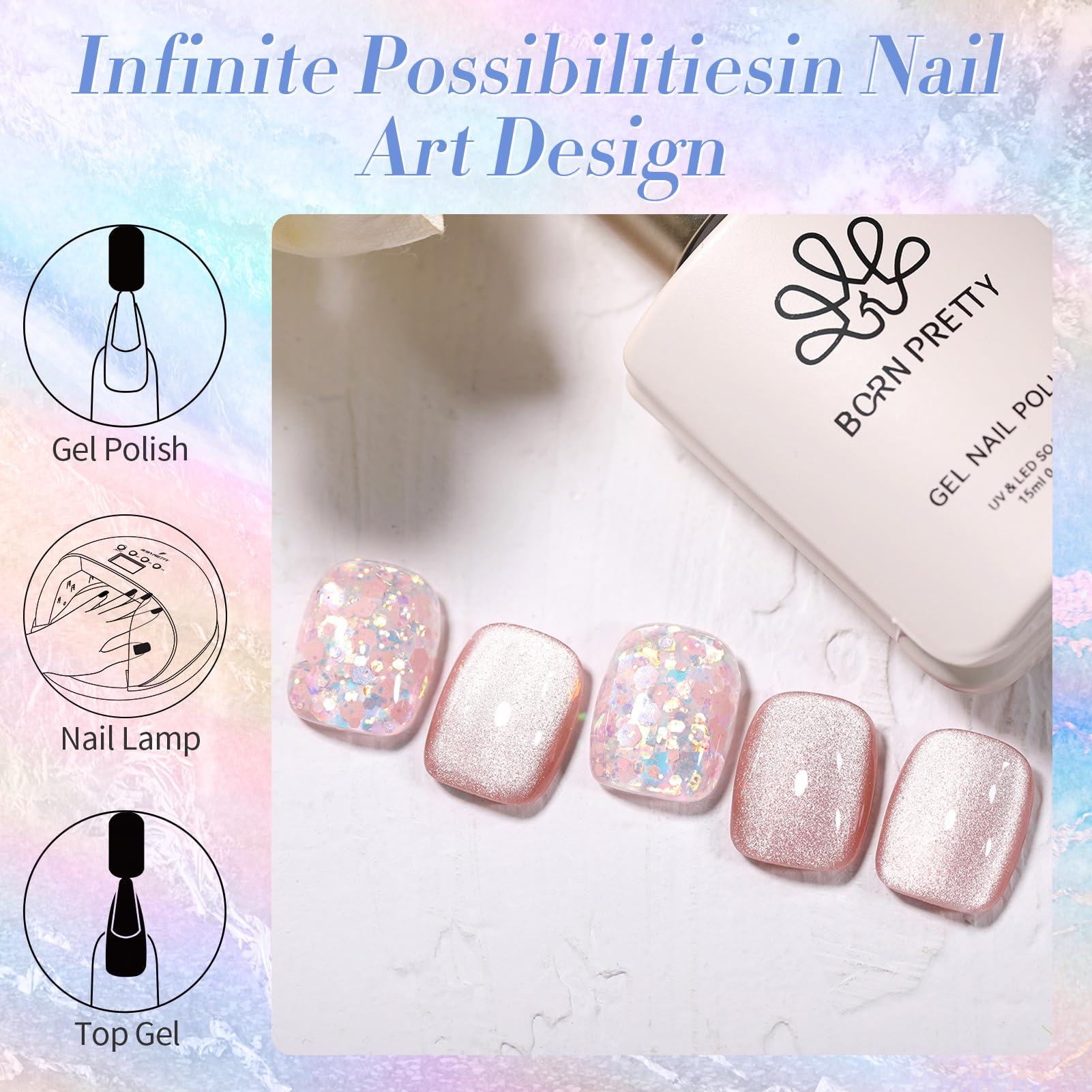 Born Pretty pink glitter gel polish swatch showing shimmering color