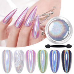 Born Pretty holographic nail powder jar closeup showing iridescent particles for dazzling color