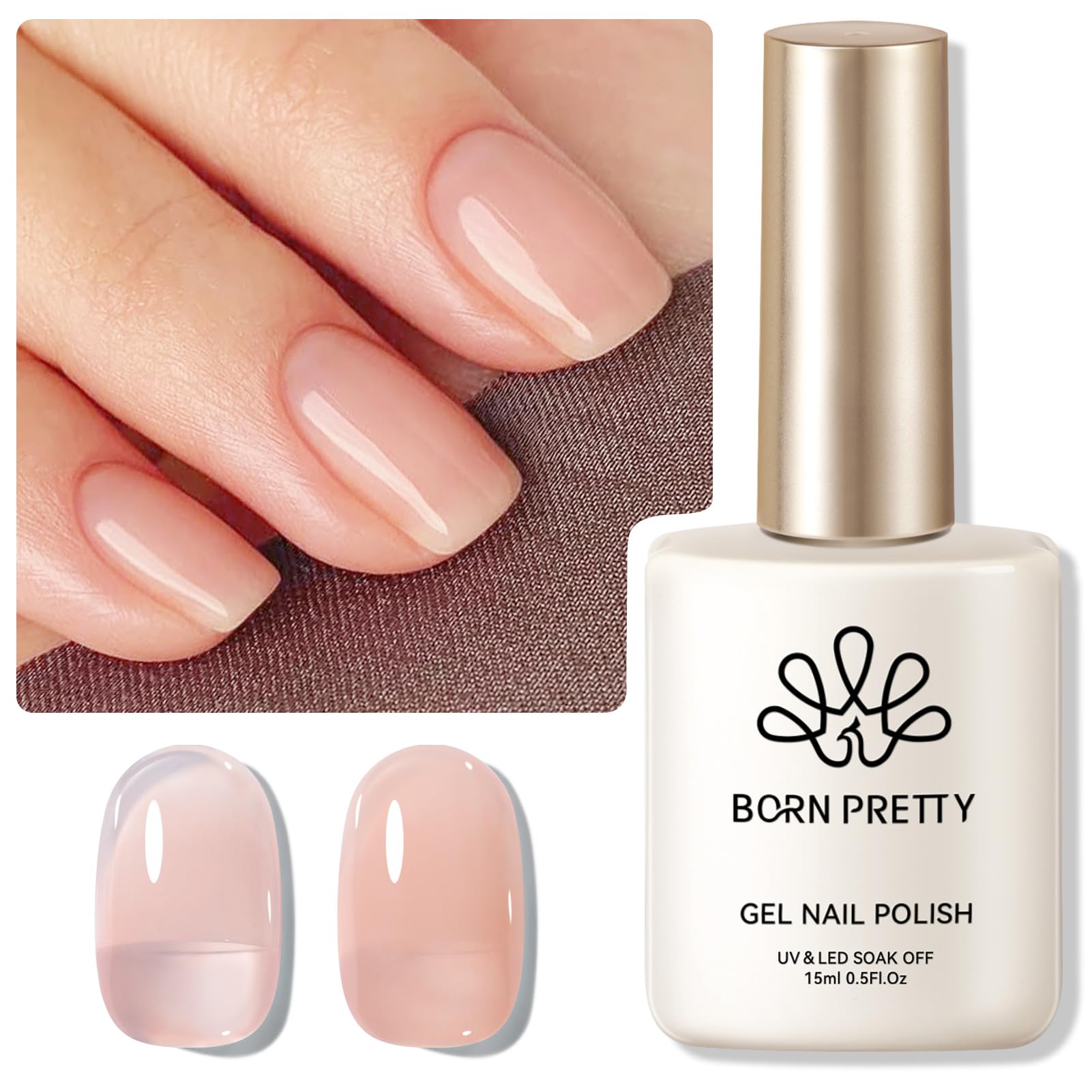 Born Pretty Jelly Nude gel polish bottle close-up shows translucent nude tone for elegant nails.