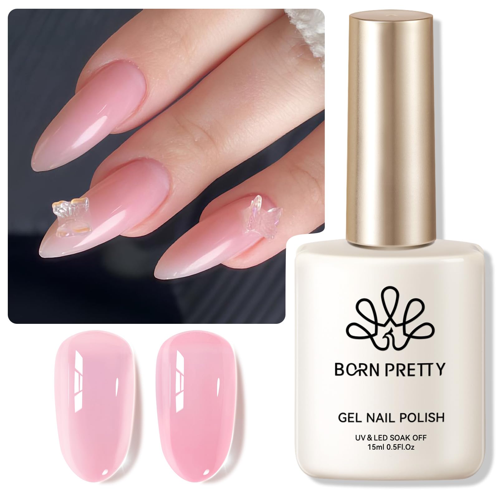 Born Pretty jelly pink gel nail polish bottle demonstrates layering versatility from sheer to opaque.