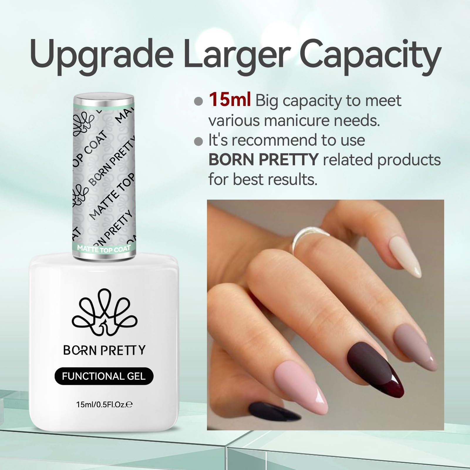 Low-odor Born Pretty gel top coat for healthier manicure sessions