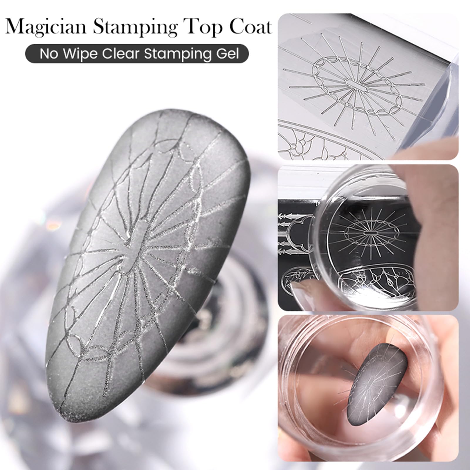 Cured under lamp for a fast, durable seal on stamped nails.