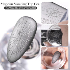 Cured under lamp for a fast, durable seal on stamped nails.