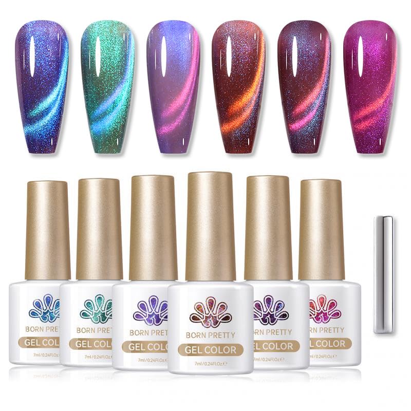 Born Pretty magnetic gel nail polish set with purple blue cat eye effect for chic nails.