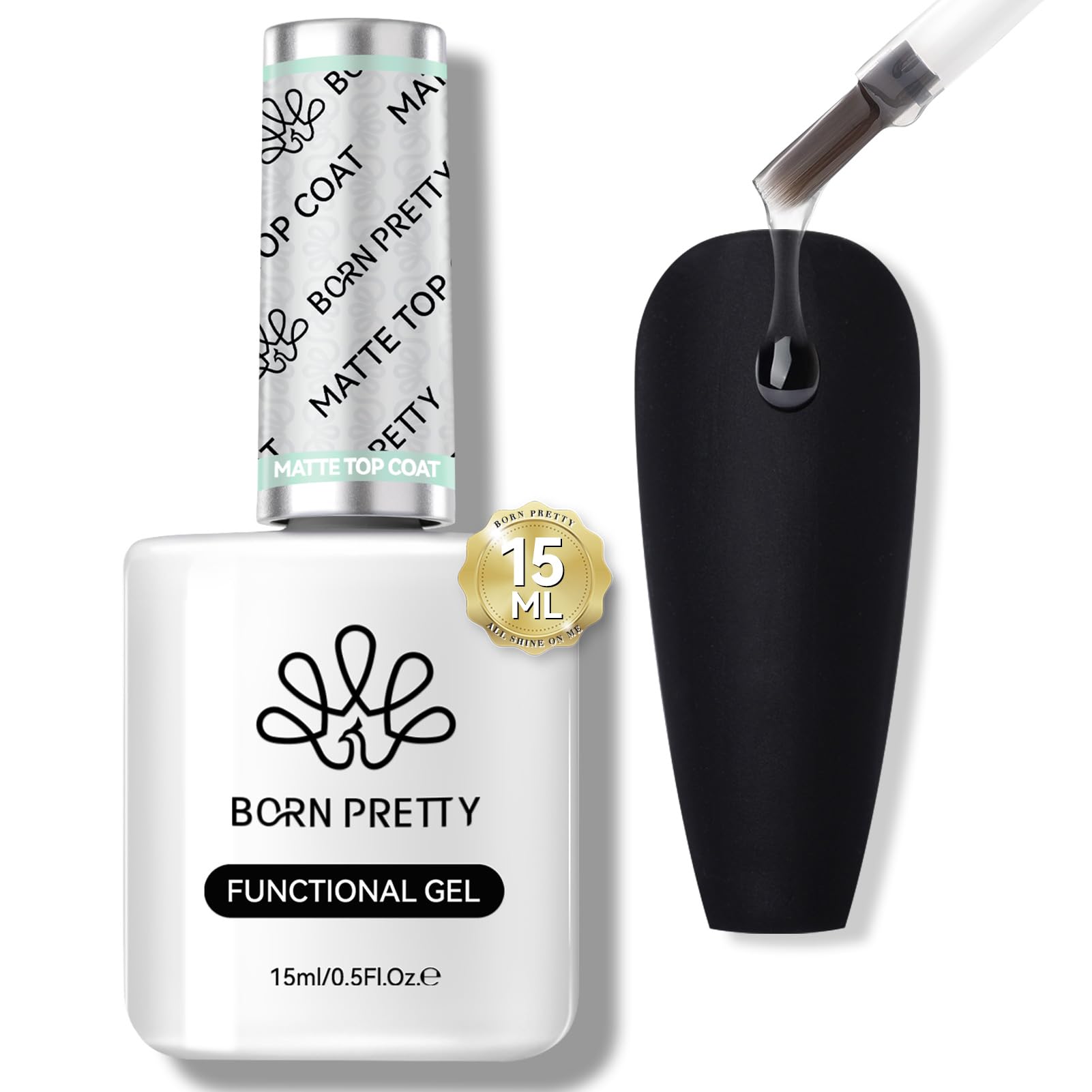 Born Pretty matte gel top coat bottle shows 15ml size for long-lasting nails