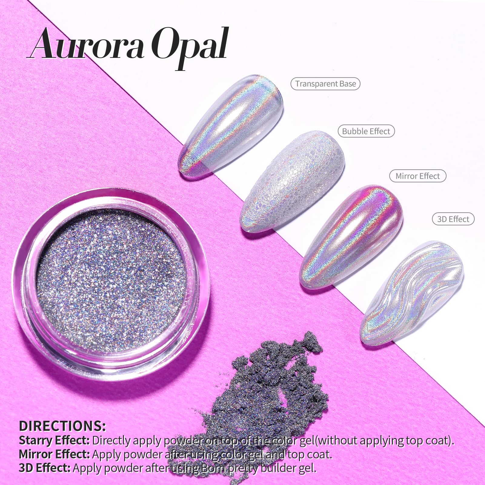 Born Pretty holographic powder on UV gel nails for vibrant, dreamy shimmer
