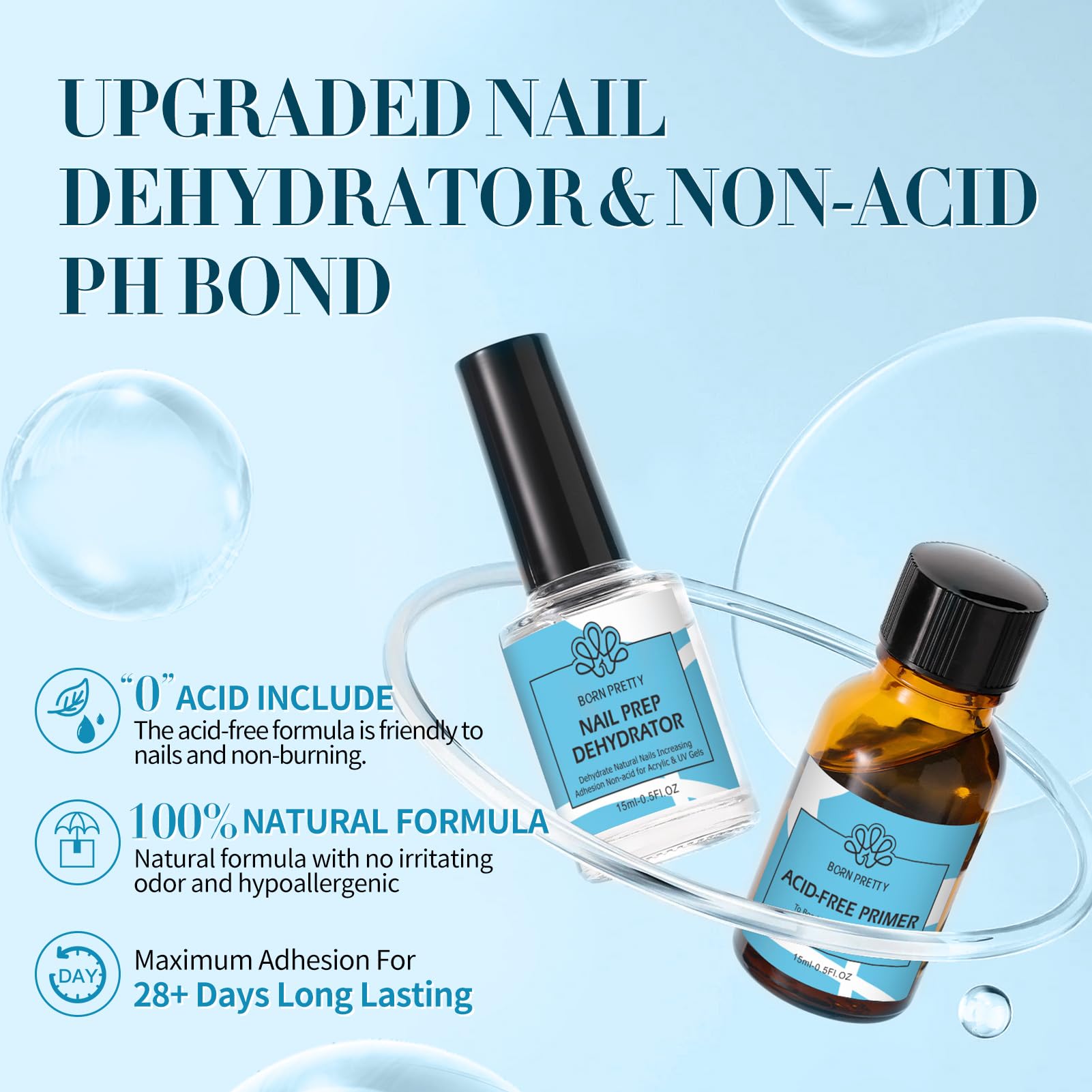 Born Pretty Nail Primer bottle demonstrates acid-free adhesion for gel nails.