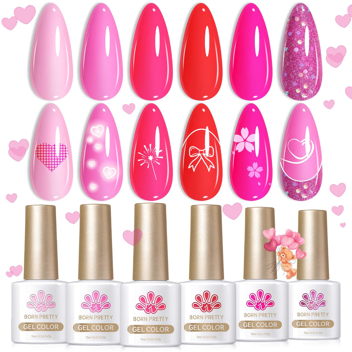 Born Pretty neon hot pink gel polish pack with six vibrant bottles.