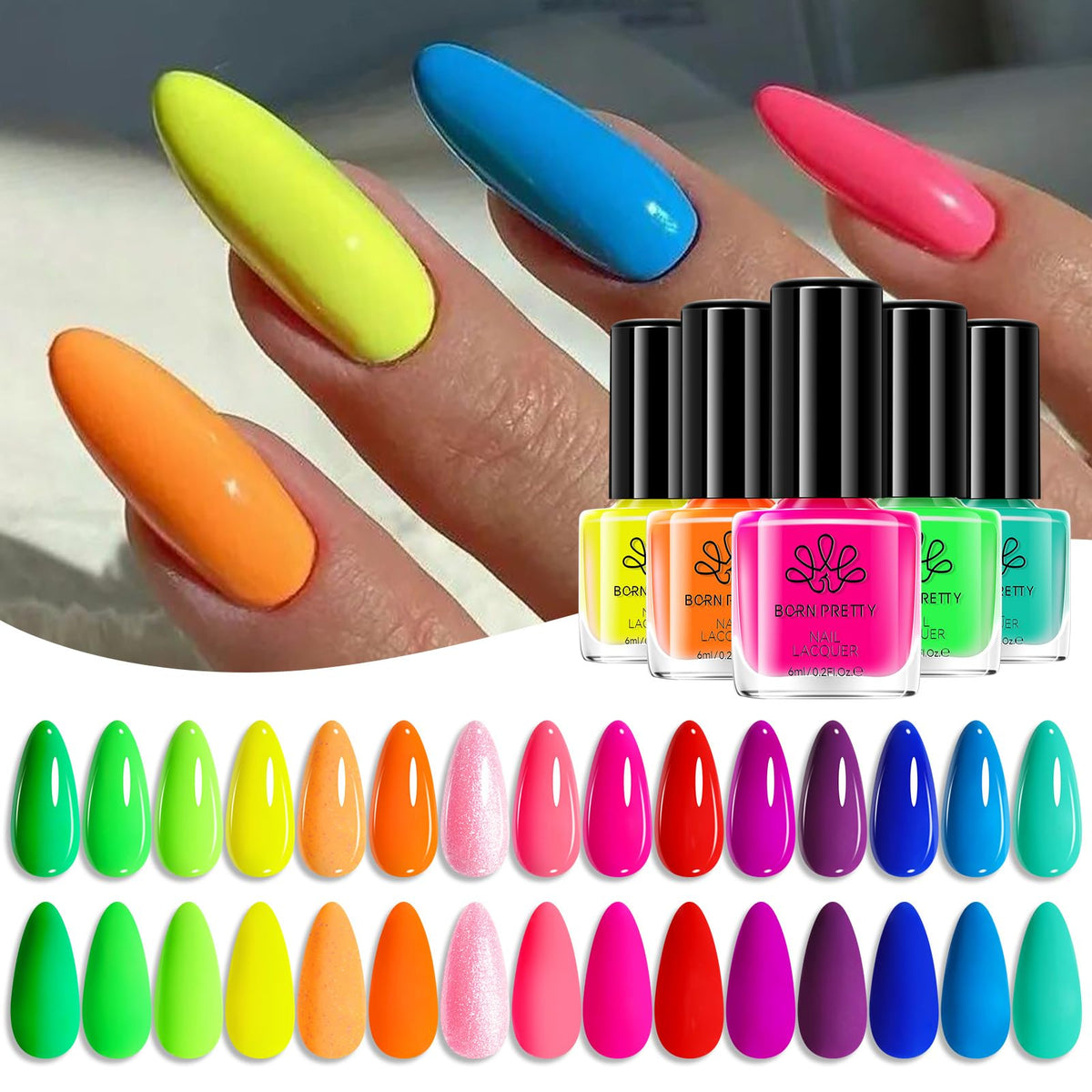 Born Pretty Neon Nail Polish Set shows a vibrant color collection for quick nail art