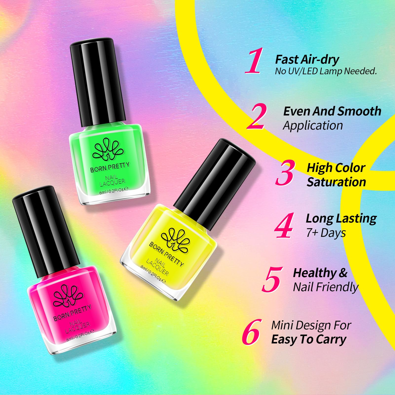 Born Pretty Neon Nail Polish Set glossy finish emphasizes high-coverage nails