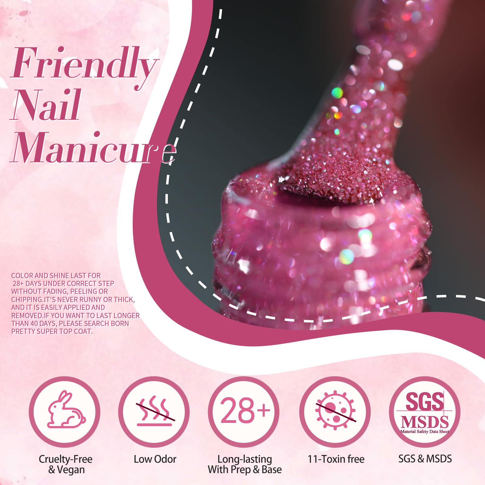 Born Pretty holographic pink glitter gel polish highlights nails in daylight and night clubs.