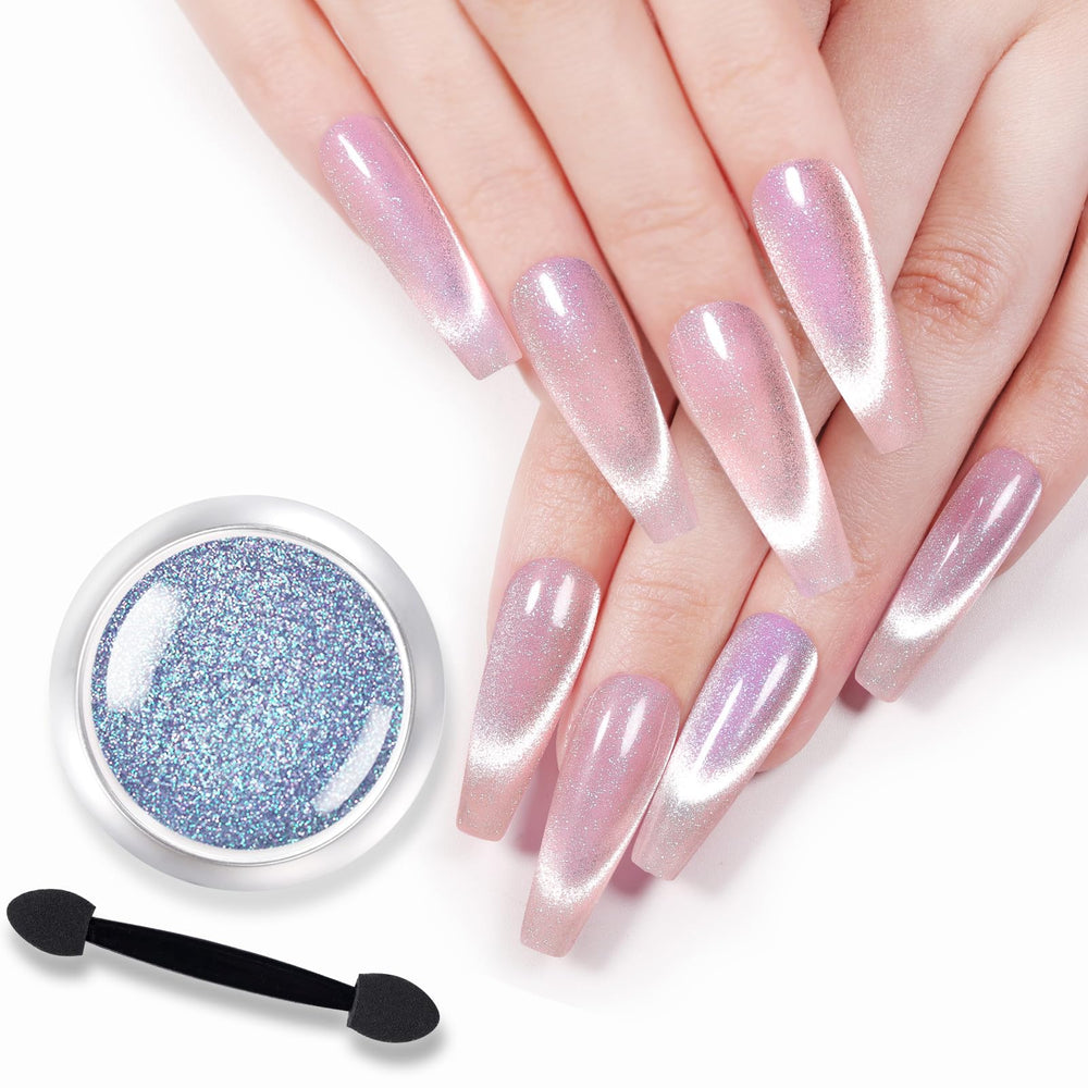 Sparkling, party-ready nails using Born Pretty cat magnetic eye powder.