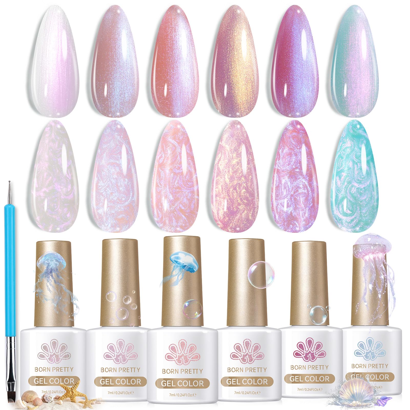 Born Pretty Pearl Gel Nail Polish Aurora iridescent glitter close-up showing a radiant manicure.