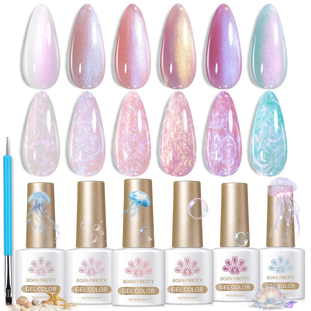 Born Pretty Pearl Gel Nail Polish Aurora iridescent glitter close-up showing a radiant manicure.