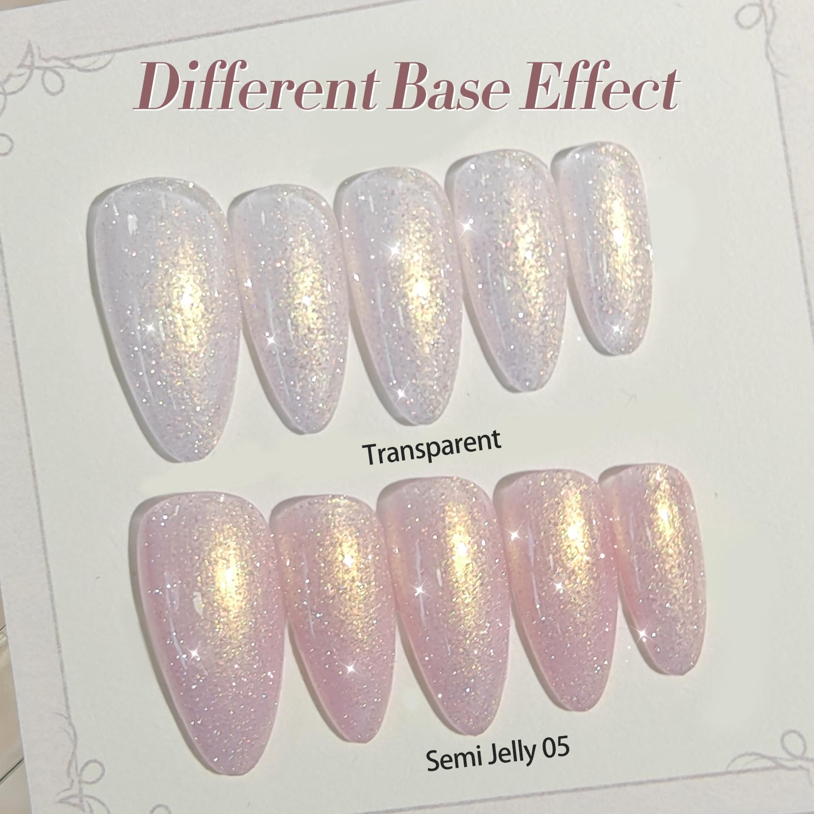 Swatches of Born Pretty Pearl Gel showing glitter gradient shimmer