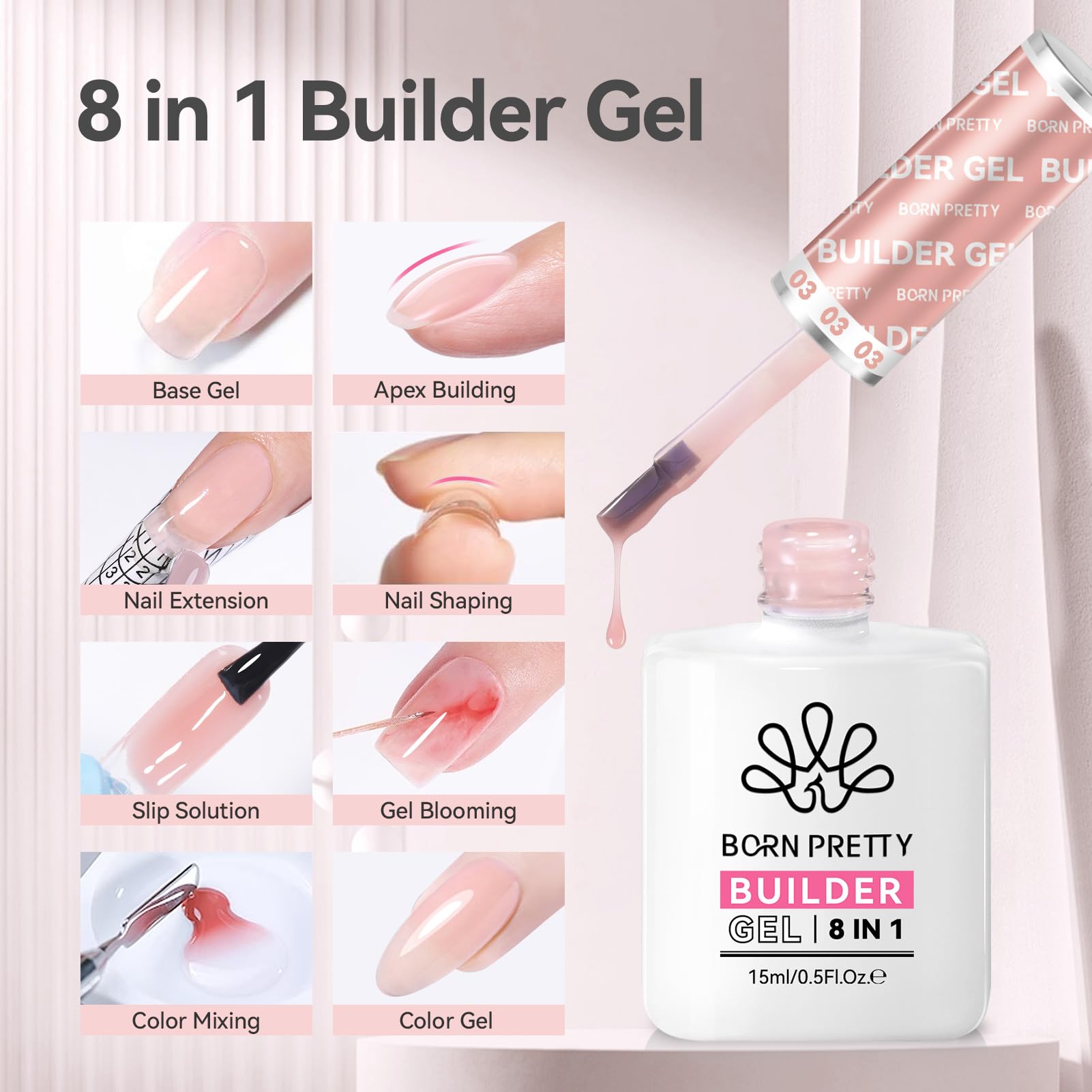 Close-up of Born Pretty builder gel on nails with rhinestones