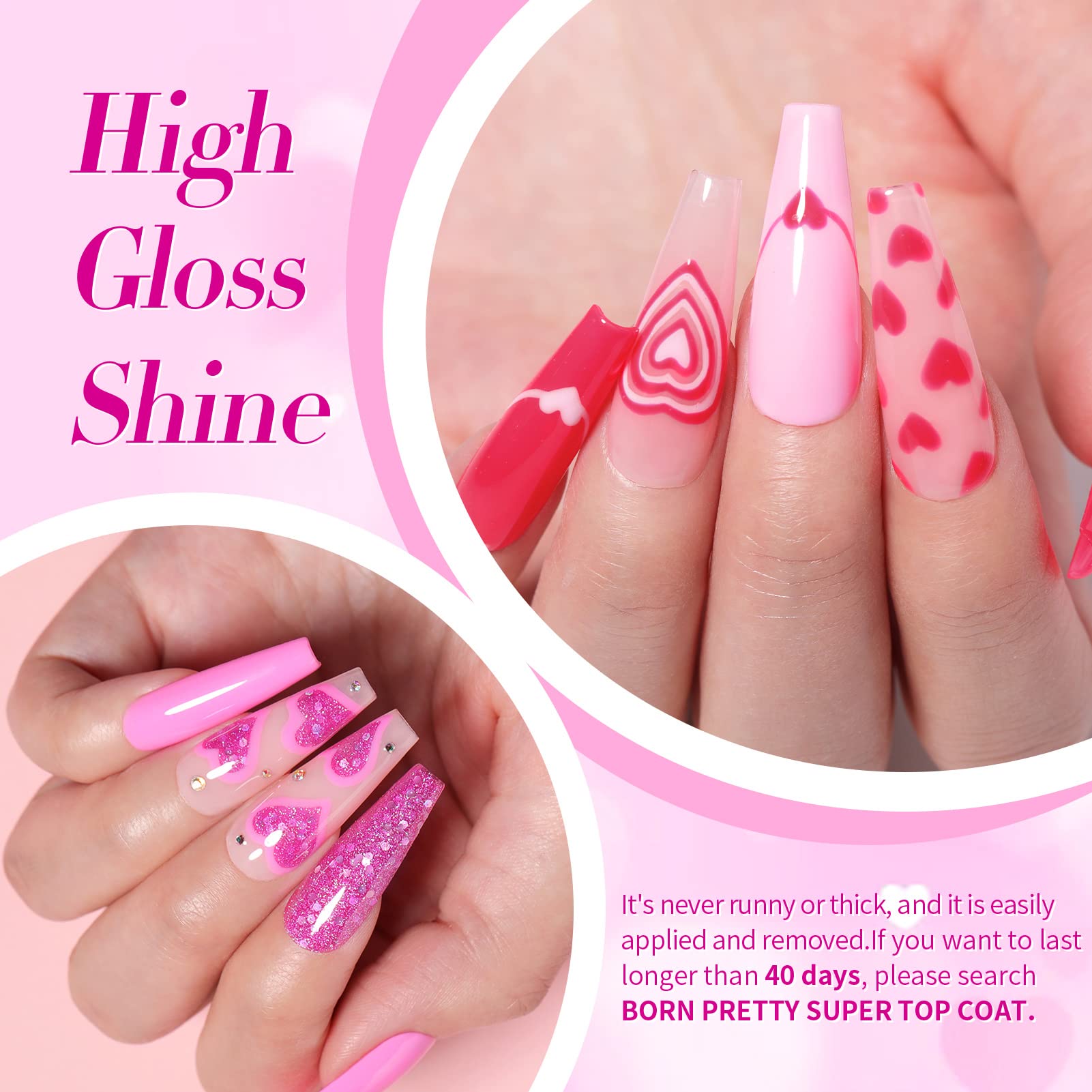 Nails styled with Born Pretty pink gel manicure for a glossy finish.