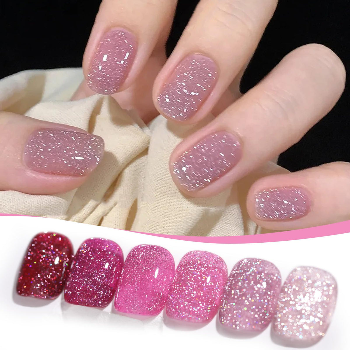 Born Pretty pink reflective glitter nail polish shows holo sparkle for daytime wear.