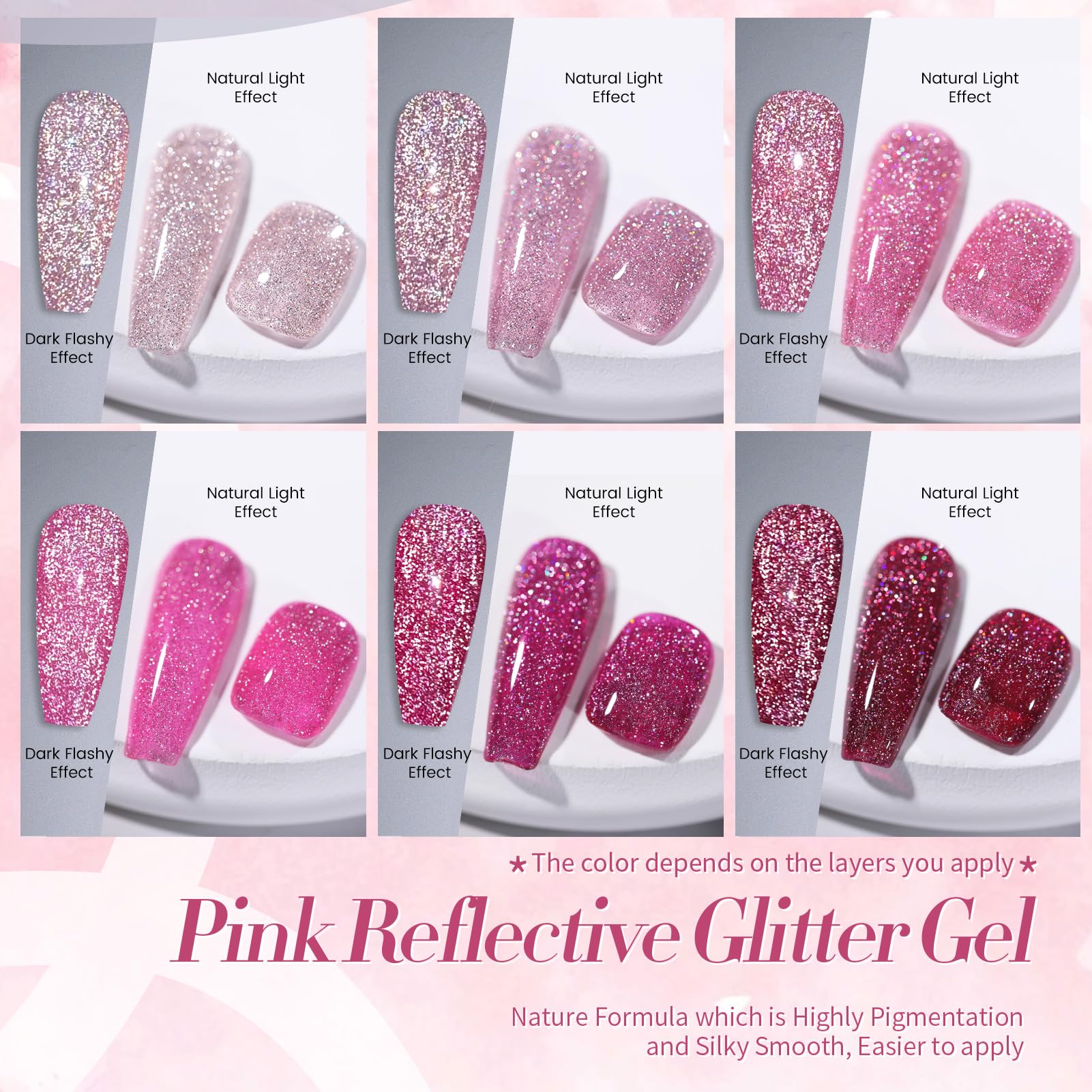 Born Pretty pink reflective glitter nail polish under lights creates disco sparkle.