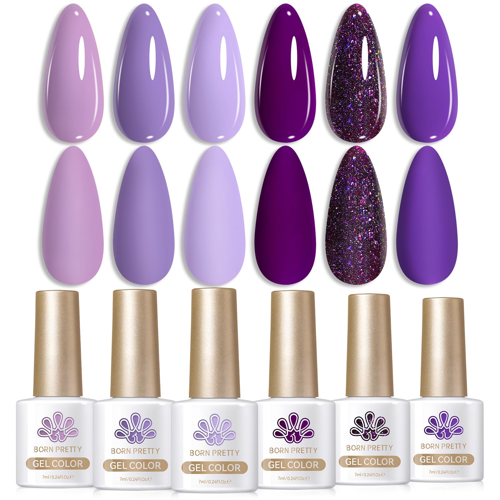 Born Pretty purple gel nail polish set swatches showing vibrant range for versatile manicures