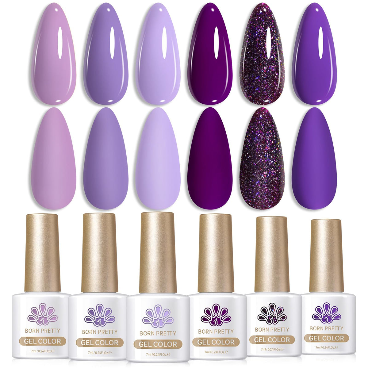 Born Pretty purple gel nail polish set swatches showing vibrant range for versatile manicures