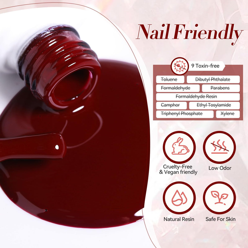 Born Pretty red gel nail polish set application shows base and top coat for best results.