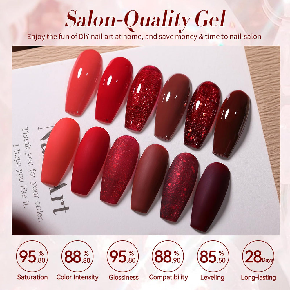 Born Pretty red gel nail polish set dark burgundy shade for sophisticated nails.