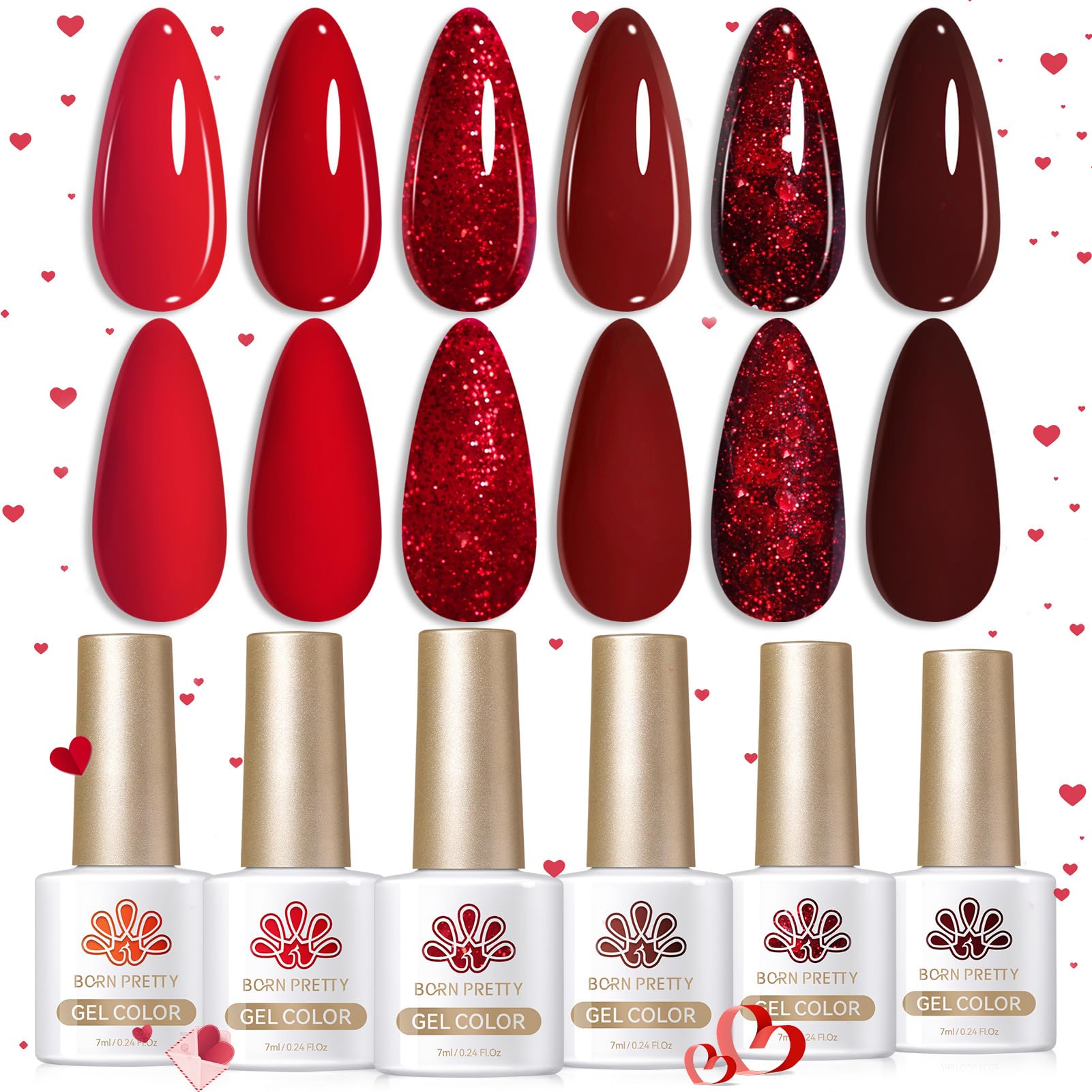Born Pretty red gel nail polish set packaging shows six colors for versatile at-home manicure.