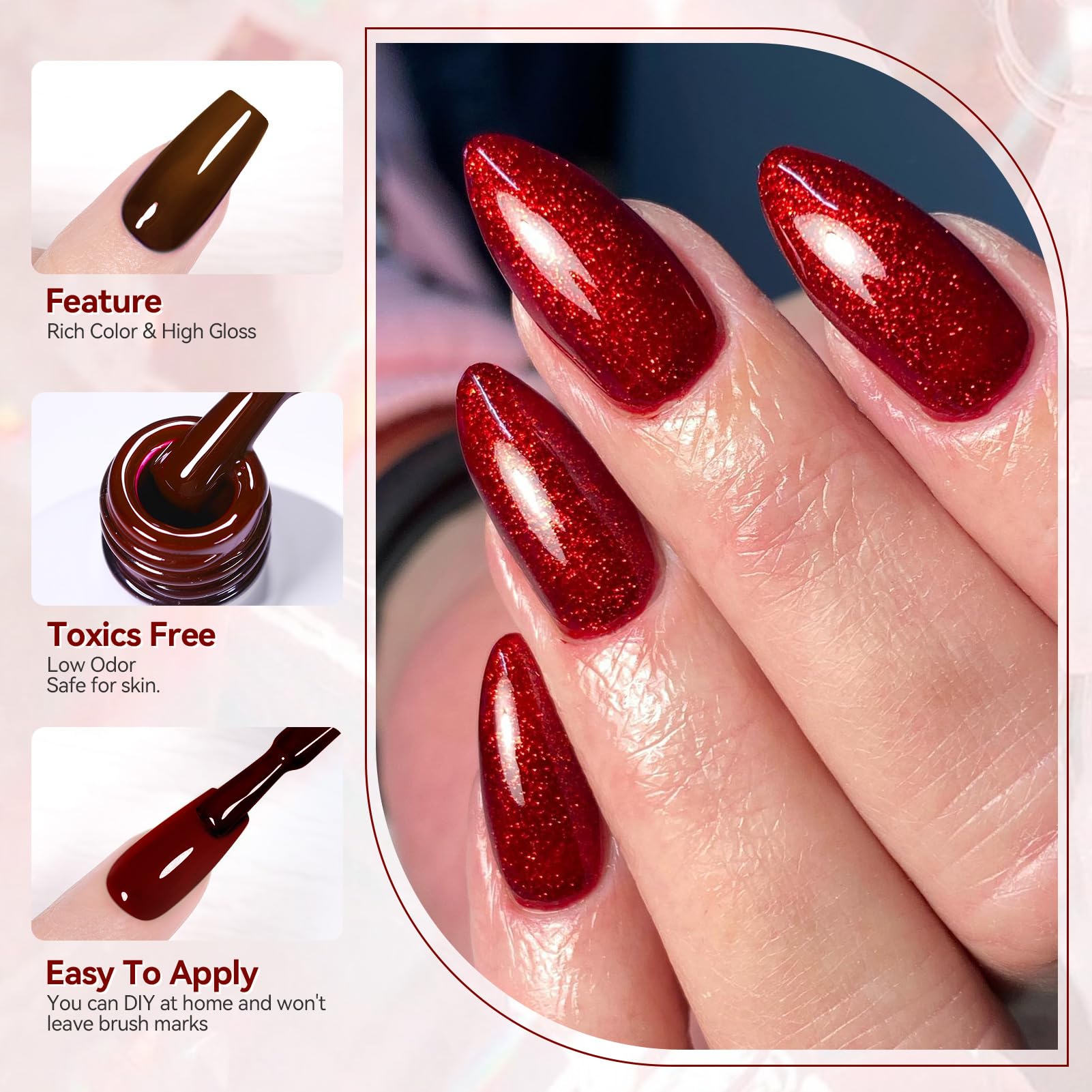 Born Pretty red gel nail polish set shimmer finish swatch for glamorous designs.