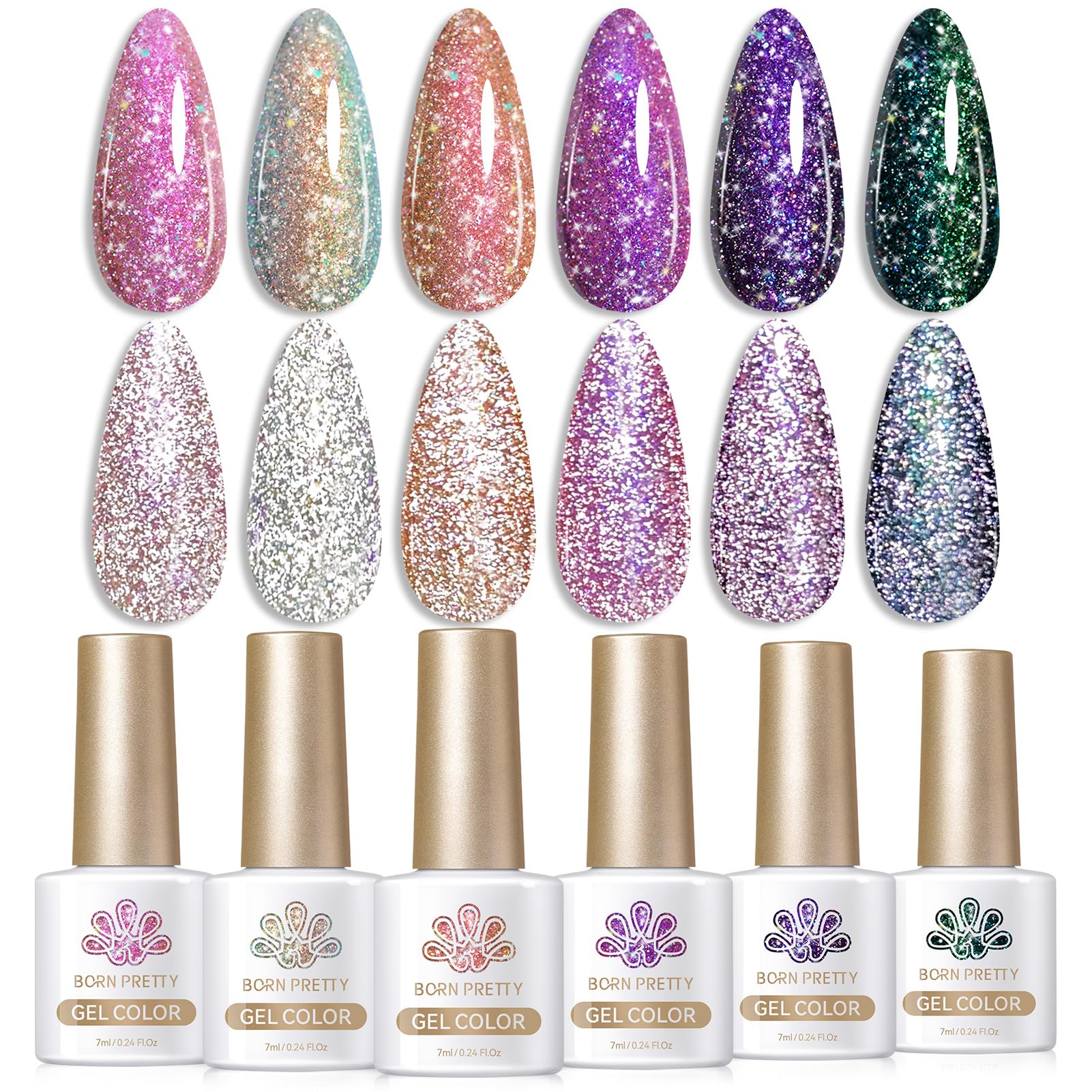 Born Pretty reflective glitter gel nail polish bottle closeup showing star-like sparkle for chic manicures.