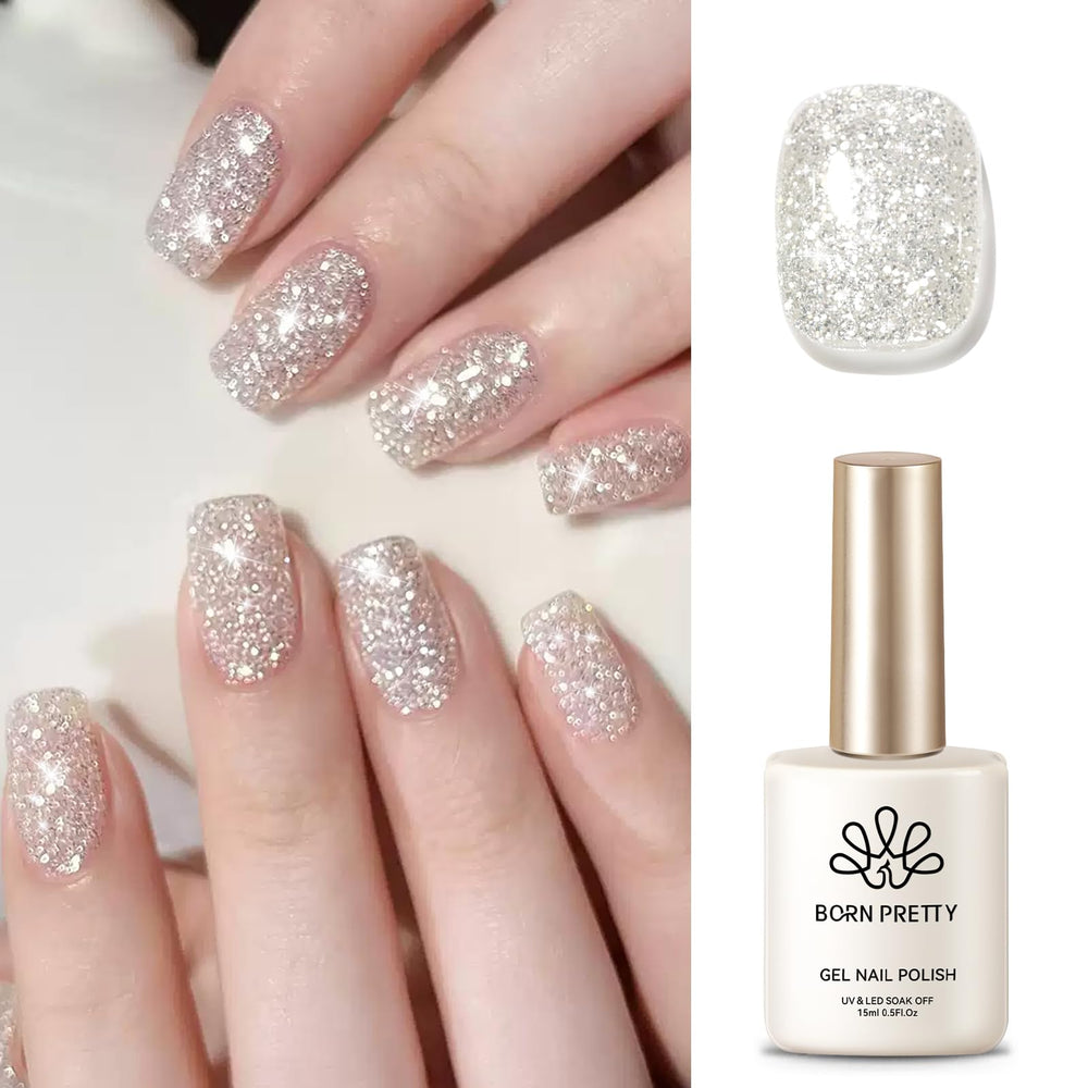 Born Pretty silver glitter gel polish bottle close-up highlighting sparkle for party-ready nails