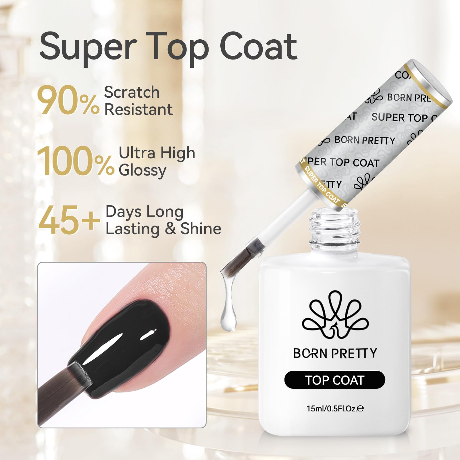 Born Pretty Top Gel application in progress delivers smooth, even coats at home.
