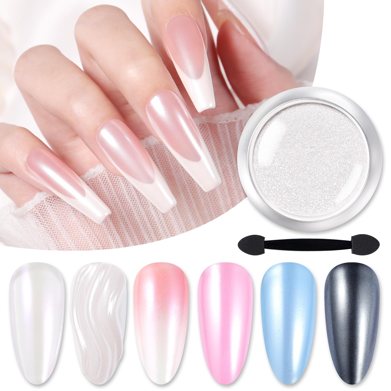 Born Pretty white pearl powder adds a delicate reflective finish.