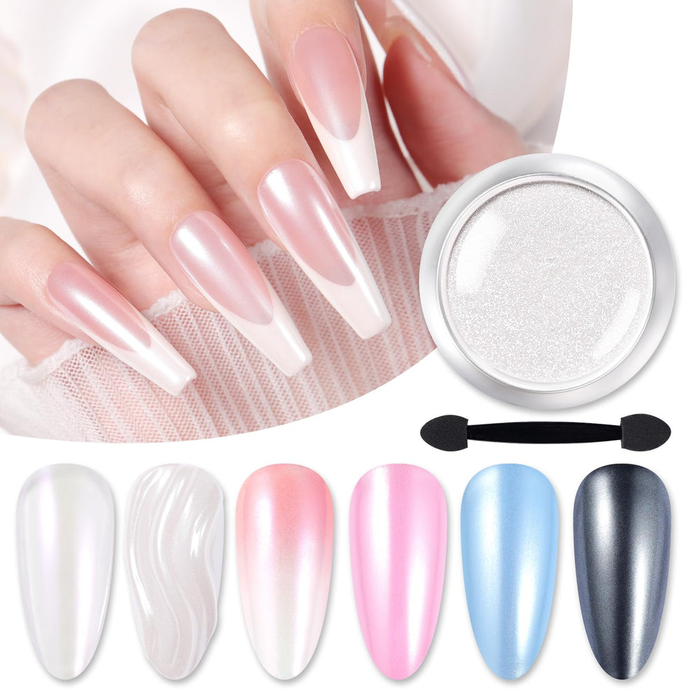 Born Pretty white pearl powder adds a delicate reflective finish.