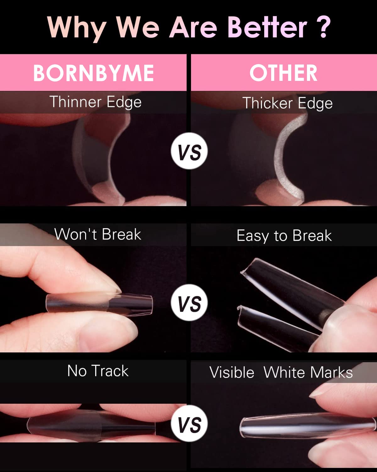Bornbyme half-matte finish tips compatible with gel and acrylic systems.