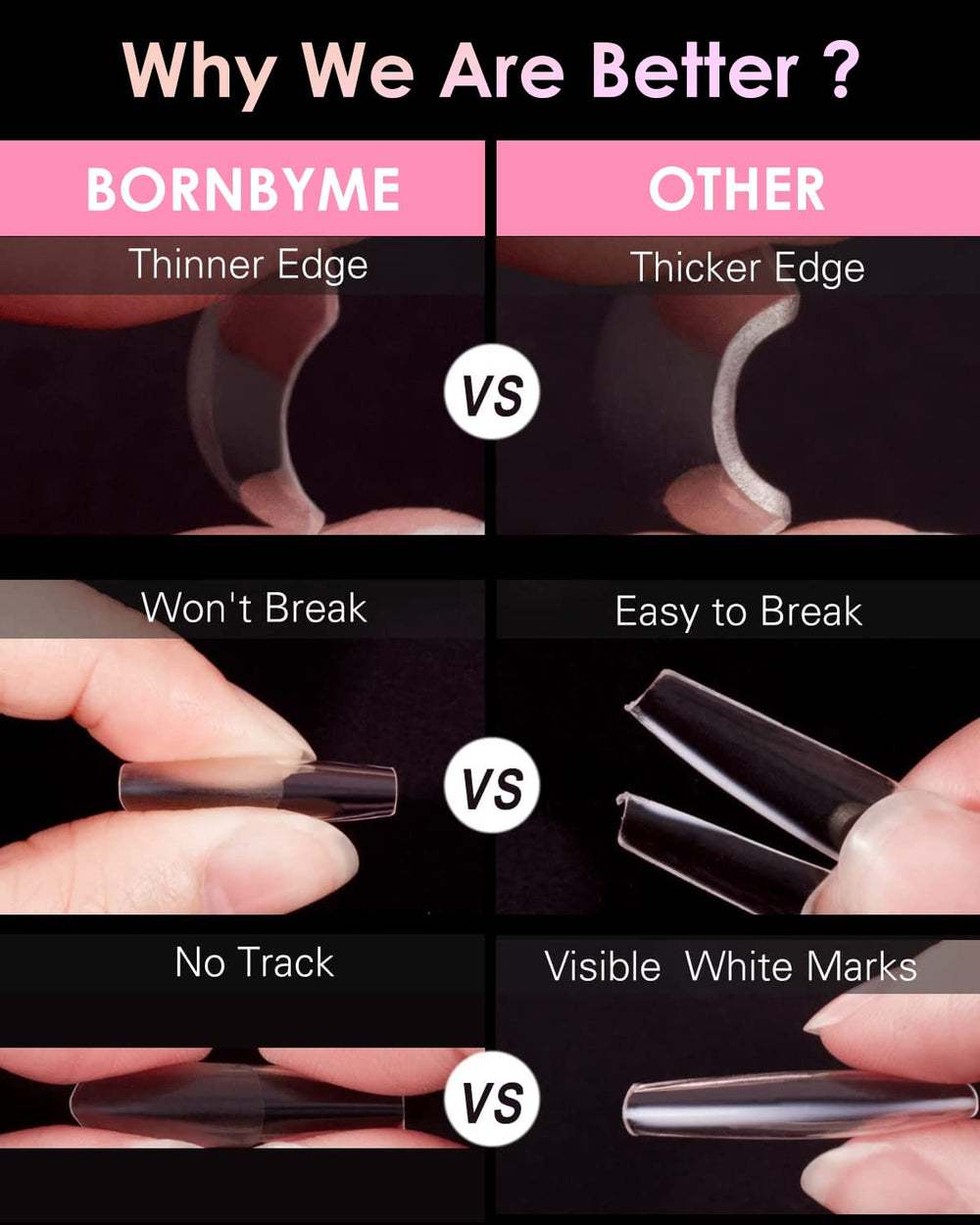 Bornbyme half-matte finish tips compatible with gel and acrylic systems.