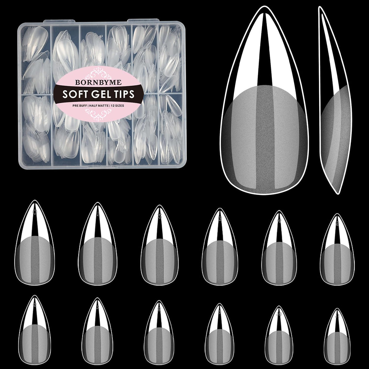 Bornbyme medium stiletto soft gel nail tips ideal for quick at-home manicures.