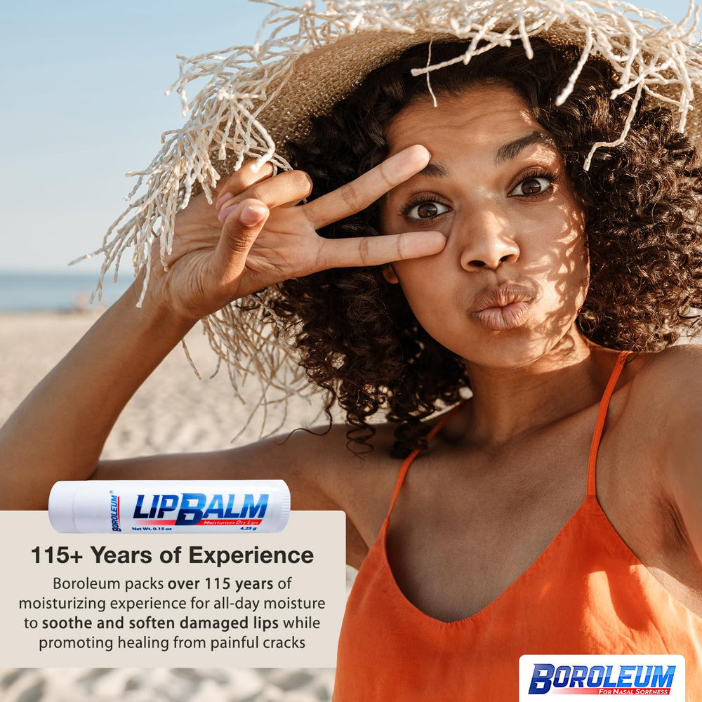 Boroleum lip balm label close-up highlights natural ingredients and safety.