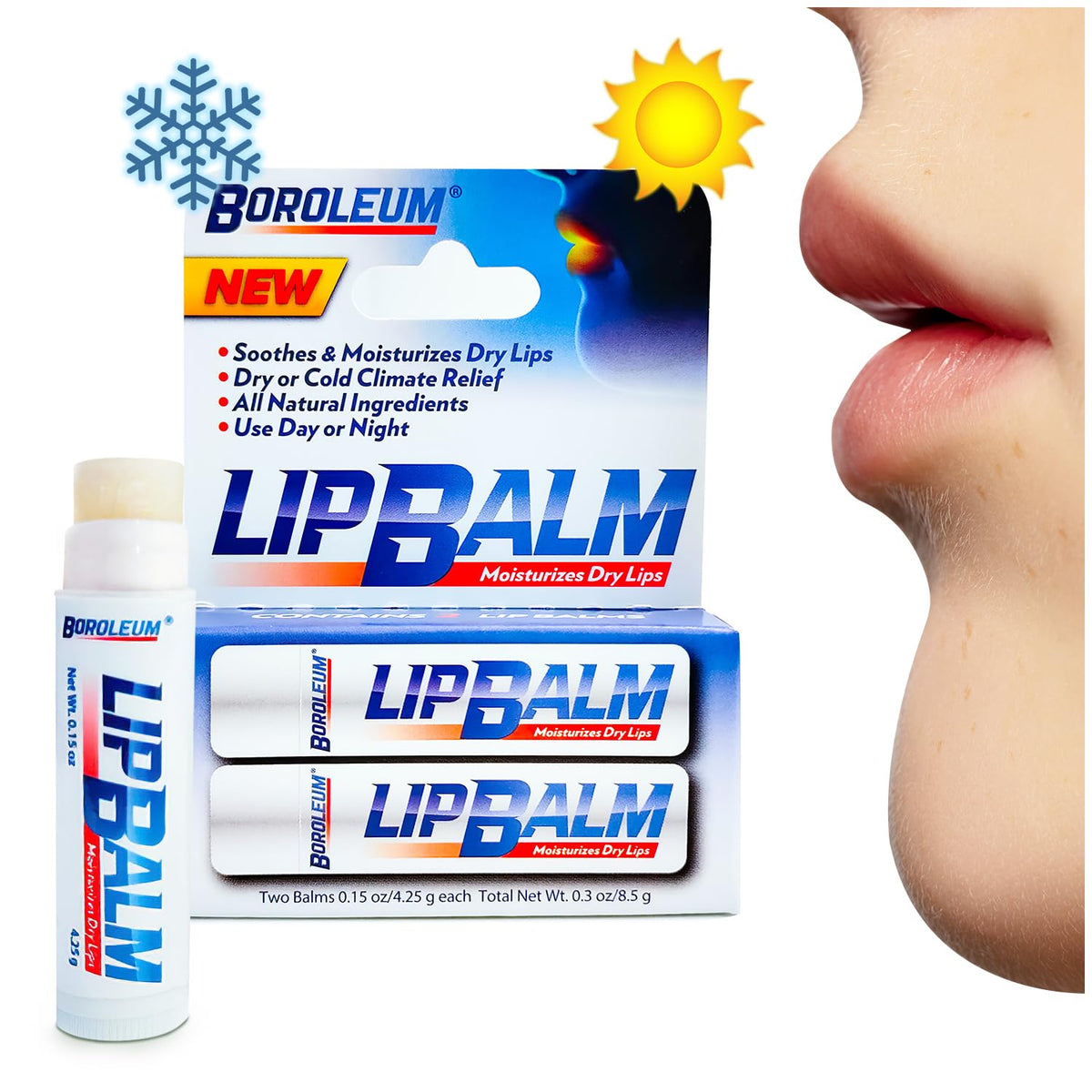 Boroleum lip balm tube close-up showing long-lasting moisture for dry lips.