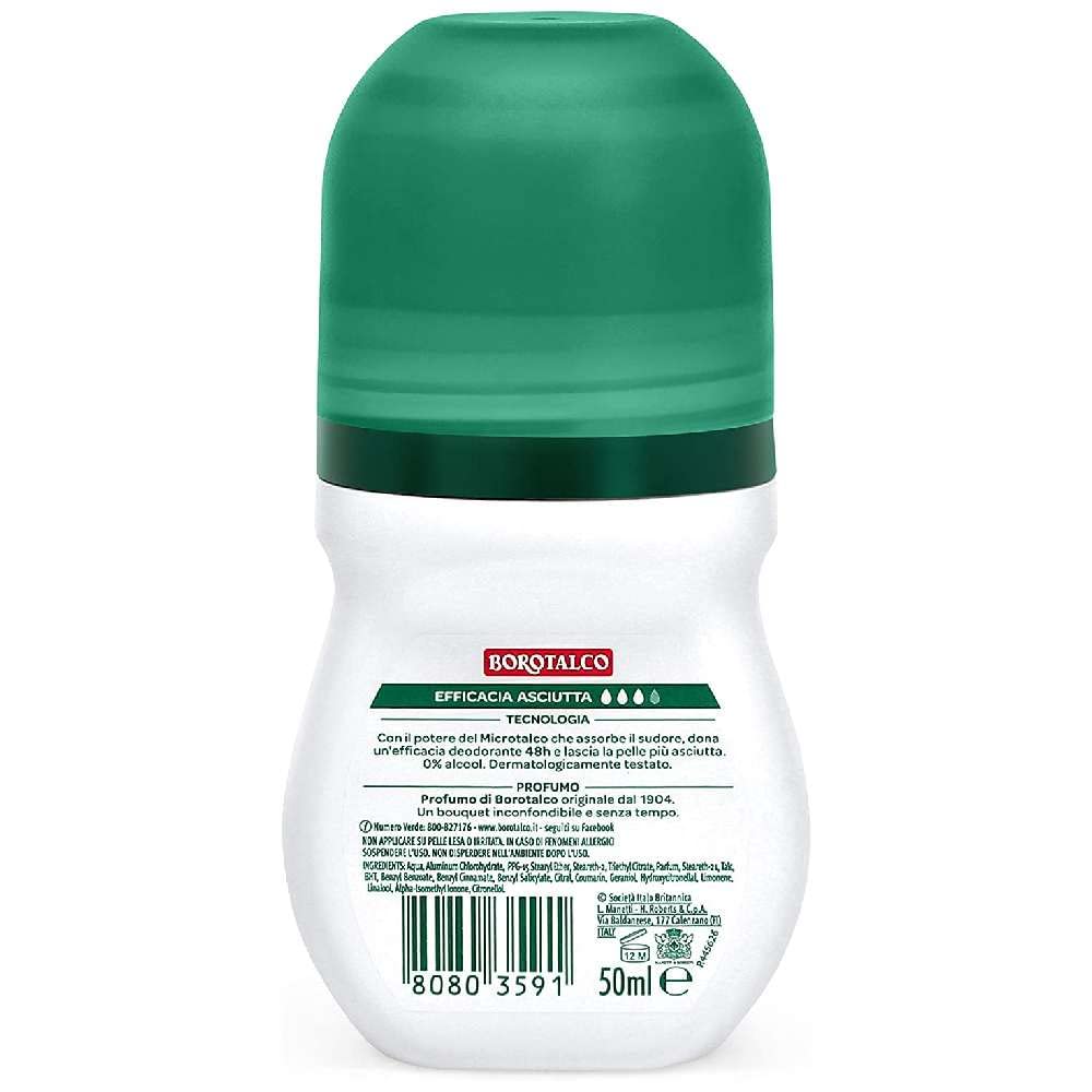 Borotalco Roberts Original talc deodorant 50ml bottle with alcohol-free formula.