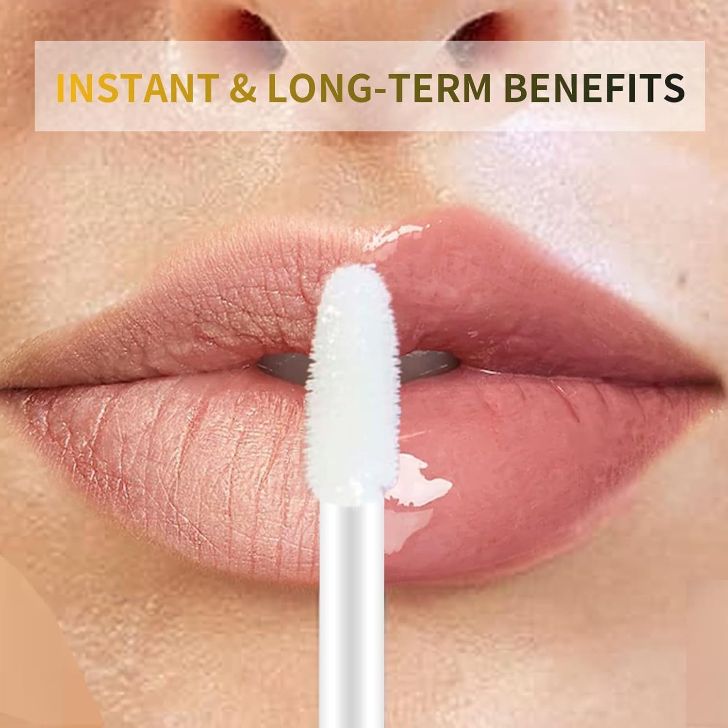 Borovetty Lip Plumper Gloss being applied for immediate plump and definition.