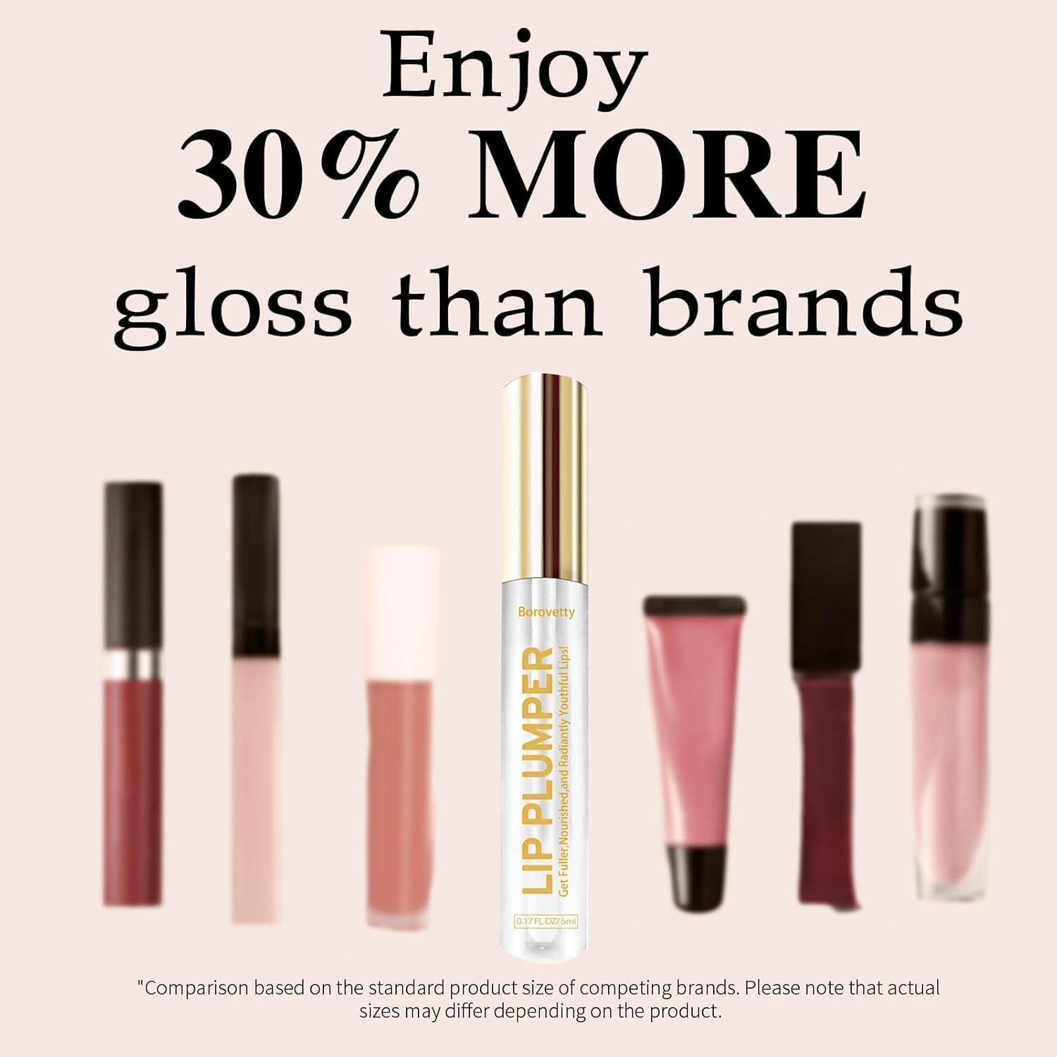 Borovetty Lip Plumper Gloss before and after close-up shows subtle fullness.