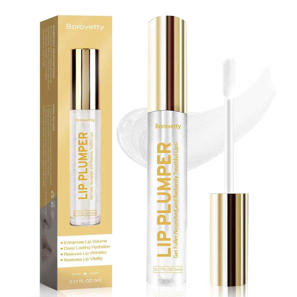 Borovetty Lip Plumper Gloss bottle closed, promising a luminous, fuller-looking pout.