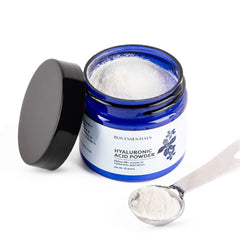 Bos Essentials Hyaluronic Acid Powder packaging for at-home serum preparation.